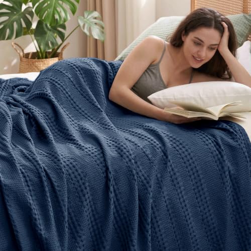 "PHF Cooling Waffle Blanket King Size, Lightweight 60% Rayon from Bamboo & 40% Cotton Breathable Blanket for Hot Sleepers, Summer Use, Soft Luxury for Bed Couch Sofa, 104""x90"", Navy Blue"