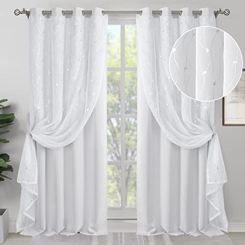 BGment Room Darkening Curtains with Sheer Overlay, Silver Printed Double Layer Curtains for Living Room, Grommet Thermal Insulated for Bedroom, 2 Panels Each 52 x 95 Inch, Greyish White