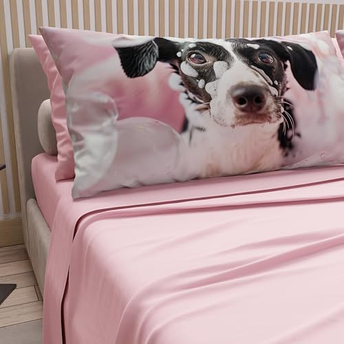 PETTI Artigiani Italiani - Animal Bed Linen with Dogs in Cotton with Pillowcases in Digital Print, Single Bed Sheet, Pink Single Bed Set, 100% Made in Italy