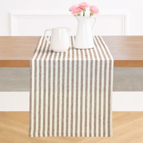 Solino Home 100% Linen Table Runner, 14 x 120 in, Brown and Cream Striped - Amalfi Stripe Table Runners for dining and console tables - woven stripe, mitered corners - Pure Linen - OEKO-TEX Certified