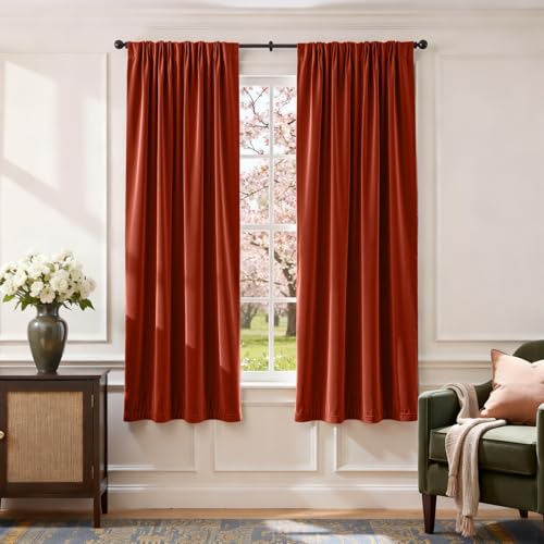 Lazzzy Orange Velvet Curtains Room Darkening Thermal Insulated 72 Inch Long Window Drapes for Bedroom Living Room Super Soft Luxury Rod Pocket Window Treatment 2 Panels, Rust Red