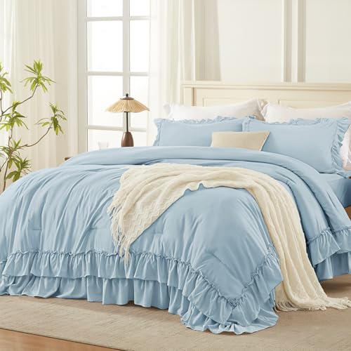 Andency Light Blue Ruffle California King Comforter Set, 3 Pieces - Lightweight Fluffy, Farmhouse Shabby Chic Bedding Comforter Sets, Soft Polyester All Season, Cal King Bed Sets(104x96Inch)