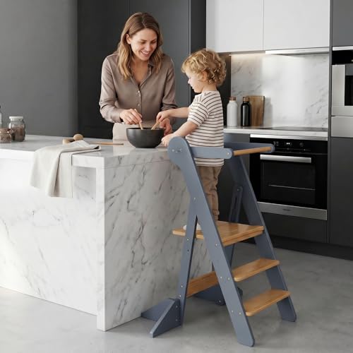 COSYLAND Upgraded Foldable Kitchen Step Stool for Toddler, Height-Adjustable Standing Stool with Wider Stabilizing Feet & Fixed Mesh Protection, Space-Saving Design (Grey & Natural)