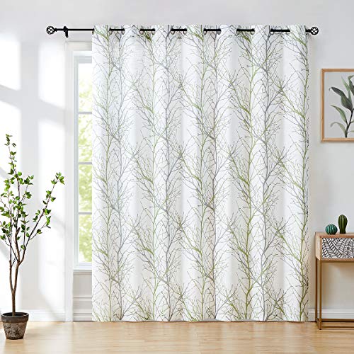 FMFUNCTEX Linen Green White Semi Sheer Patio Curtains 84 Inch Long 1 Panel - Extra Wide Sheer Patterned Patio Door Drapes, Tree Branch Print, Grommet Top for Sliding Doors and Airy Farmhouse Privacy