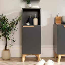 Home Source- Florence 86cm Bathroom Floor Cabinet – Grey, Soft Close Door, 3-Shelves with 1-Open Shelf,Versatile Cupboard for Bathroom or Hallway, Narrow Bathroom Storage Unit 30x30x86cm