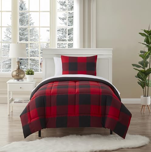 Sweet Home Collection Ultra Soft Down Alternative Set & Luxurious Bed Sheets, Polyester, Buffalo Plaid Burgundy/Black, Twin