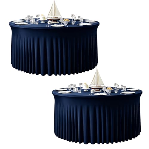 2 Pack Navy Blue Round Tablecloth, Circle Stretch Table Cloths for 6 FT Tables, Wrinkle Free Round Navy Blue Table Skirt for Wedding Birthday Photography Party Social Events Engagement Party Decor