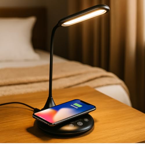 Grundig Desk Lamp with Wireless Charger - Dimmable Touch LED Lamp - Bedside Lamp with 3 Light Colours - USB-C - Flexible Arm for Adjustable Lighting