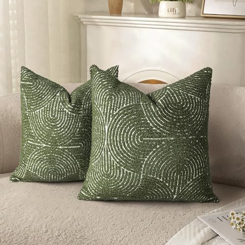 AELS Boho Decorative Textured Throw Pillow Covers 16x16, Modern Mid Century Rainbow Tufted Pillow Case, Farmhouse Rustic Geometric Woven Cushion Case for Bed Couch Sofa, Olive Green