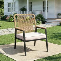Clevich Rattan Garden Chair, Outdoor Armchair with 8cm Thick Cushion, Metal Frame and WPC Armrests, for Terrace, Garden and Porch