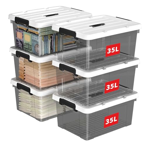 Cetomo 35L*6 Storage Boxes, Carry Plastic Storage Box with Lids, Organizing Container with Handle and Secure Latching Buckles, Stackable, Nestable, Tote Bin for Home Clothes, 35L-6Pack, Clear Black