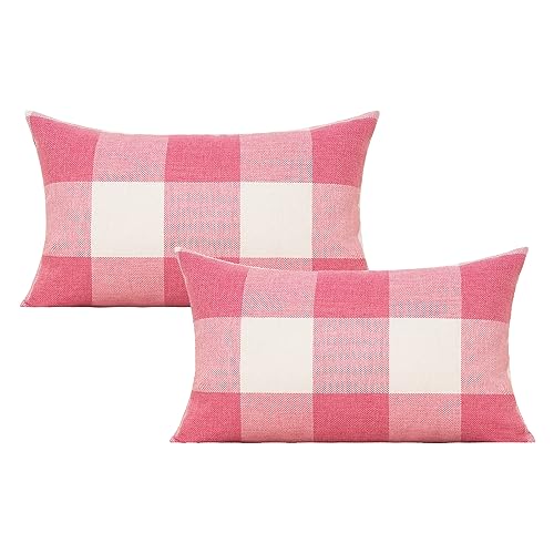 VAKADO 12x20 Set of 2 Pink Throw Pillow Covers Lumbar Buffalo Plaids Decorative Gingham Farmhouse Decor Outdoor Checkered Square Cushion Cases Home Decorations for Bedroom Couch Sofa Patio