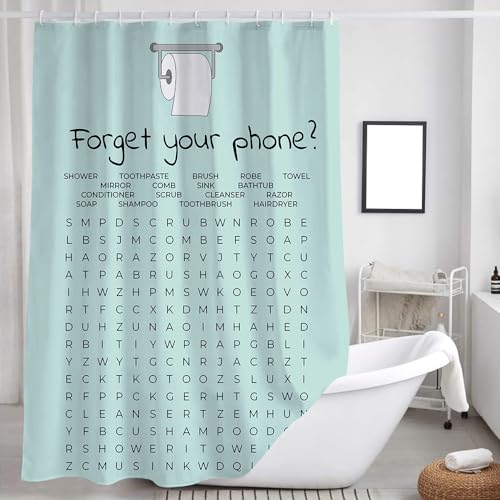 VEIVIAN Funny Bathroom Decor Shower Curtain Light Blue and White Bath Curtain, Fun Bathroom Word Search Forget Your Phone Bathroom Humor Shower Curtain Fabric Bathroom Accessories with Hooks 70X70IN