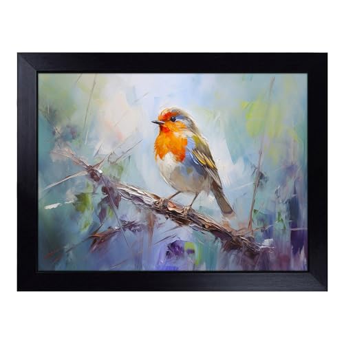 Lap Tray with Bean Bag Cushion, Robin Bird Impressionism - Handmade in the UK, Raised Wooden Edge, Padded Cushion, Heat-Resistant Wipe-Clean Surface, for Meals, Laptops and Crafts