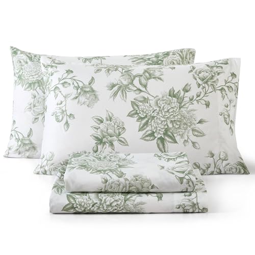 HLC.ME Rose Toile Floral Bed Sheets - 4 Piece Bed Sheet Set - Wrinkle Resistant & Ultra Soft - Fits Mattresses up to 15 Inches Deep (Queen, Sage Green)