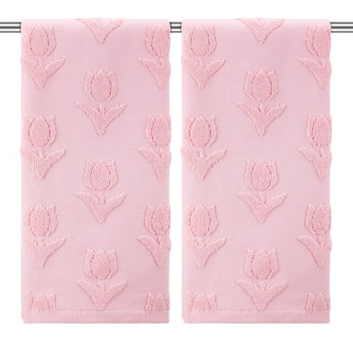 SmoothNovelty 2 Pcs Tulip Hand Towels for Bathroom Pink Tulip 100% Cotton Jacquard Weave Bath Towel Set Soft Absorbent Kitchen Towels for Bathroom Kitchen Summer Theme Gifts 13.8 x 29.5