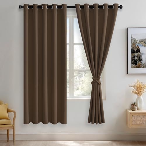 JIUZHEN Brown Blackout Curtains with Tiebacks - Thermal Insulated, Light Blocking and Noise Reducing Grommet Curtains for Bedroom and Living Room, Set of 2 Window Curtain Panels, 60 x 72 Inch Length
