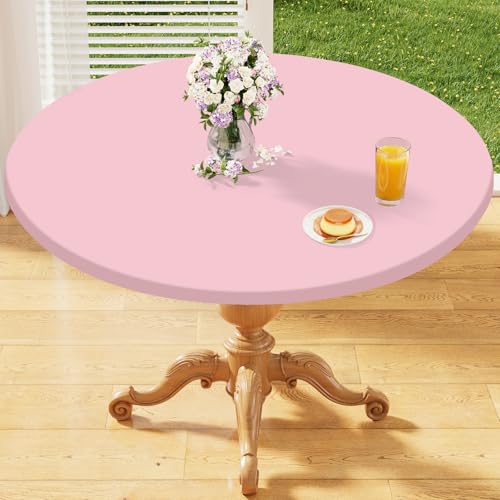 "Homing Round Fabric Fitted Tablecloth, Elastic Waterproof Oil Proof Table Cloth, Washable Polyester Table Cover Fits 45""-56"" Round Tables for Outdoor Picnic Dinner, Pink"