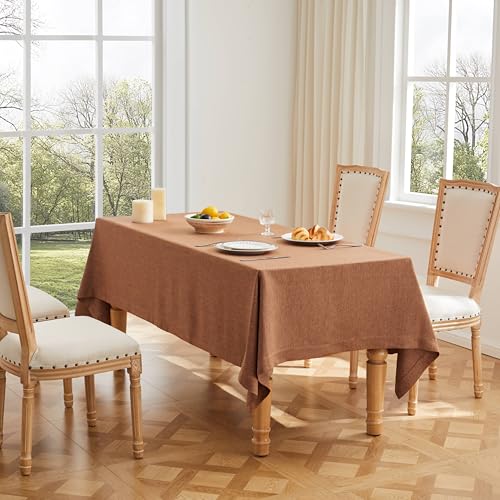 ZeeMart Linen Textured Rectangle Table Cloth, 52x70 Inch Caramel - Heavy Weight Fabric, Durable Thick, Mitered Corners, Modern Farmhouse Table Cloth, Wrinkle Resistant Washable Table Cover