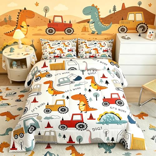 Feelyou Construction Comforter Set Kids Cartoon Dinosaur Comforter Cover Set for Boys Equipment Trucks Bedding Set Construction Vehicles Kawaii Jungle Dino Duvet Set Room Decor Twin With 1 Pillow Case
