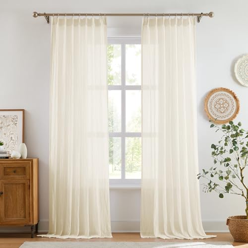 Melodieux Cream Sheer Kitchen Curtains Sets for Window, Back Tab and Pinch Pleated Cafe Curtains 63 Inch Length, Light Filtering Drapes for Kids' Room Bedroom, 2 Panels, 40x63 Inch, Cream