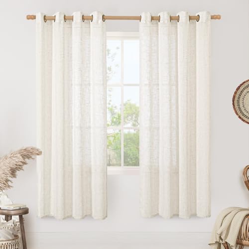 LAMIT Cream Linen Sheer Curtains 78 inch Length for Living Room, Linen Textured Light Filtering Panels Bronze Grommet Boho Neutral Drapes for Bedroom/Windows, 52 x 78 Inch, 2 Panels