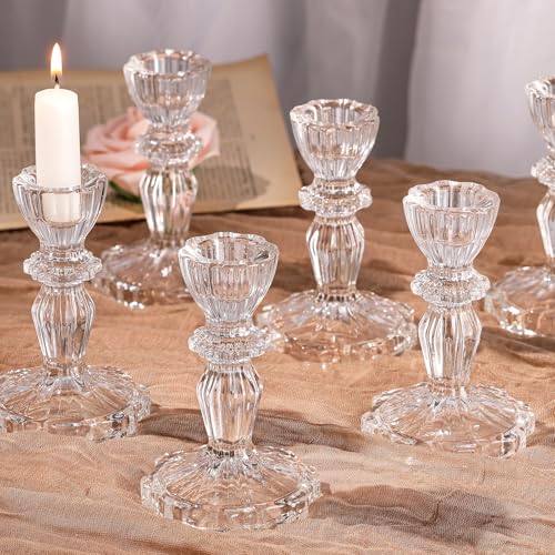 Simeitol Glass Candlestick Holders Set 6PCS, Clear Taper Candle Holders Bulk, Crystal Tall Candle Holder for DIY Wedding, Festival, Party, Table Decor
