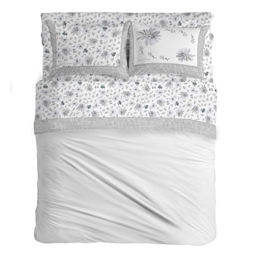PENSIERI DELICATI Double Bed Set, Flannel, 100% Warm and Soft Cotton, Double 180 x 200 cm, Includes Bottom Sheet, Top and 2 Pillowcases, Made in Italy, Square 8284 Grey