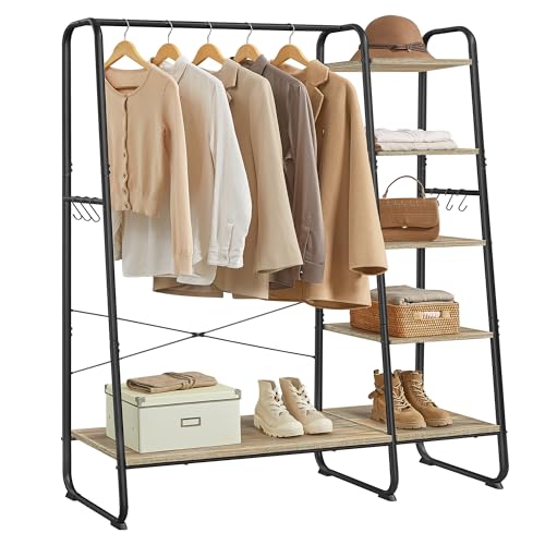 VASAGLE Clothes Rail, Heavy-Duty Clothes Rack, 5 Shelves, Steel Frame - Tidy Rail, 6 S-Hooks, for Bedroom, Contemporary, Matte Black and Rustic Brown, COLTEN Collection RGR116K01