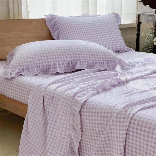 NSNLGSGC Purple Gingham Ruffle Twin Sheet Set - Soft Pre-Washed Microfiber, Plaid, 3-Pieces, Farmhouse, Deep Pocket
