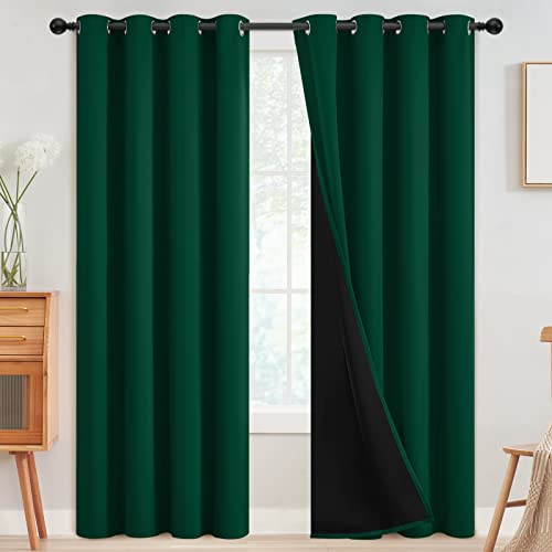 SimpleHome 100% Blackout Curtains for Bedroom,Thermal Insulated Grommet Window Drapes Room Darkening Dark Green Curtains for Living Room with Black Back,52 x 84 Inch,2 Panels
