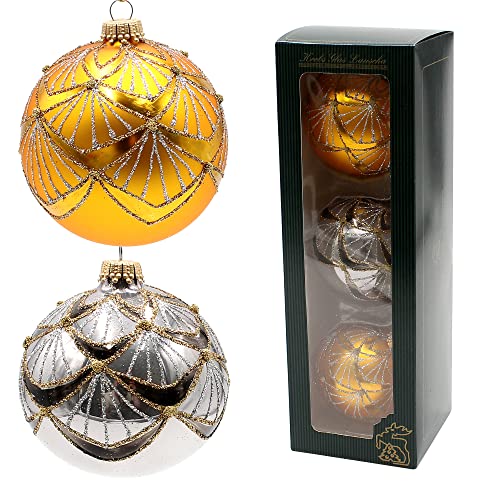 Dekohelden24 Lauschaer KGL10852 Christmas Tree Decorations Set of 3 Glass Baubles in Gold and Anthracite Hand-Blown and Hand-Decorated with Gold Crowns Diameter Approx. 8 cm