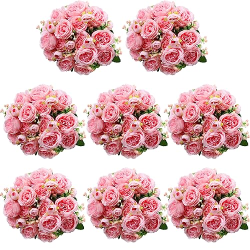 Geosar 8 Bundles 40 Heads Artificial Peonies Silk Flowers Pink Fake Peony Bouquet Faux Peonies Flowers Bulk for Decoration Vase Florals Arrangements Wedding Home Party Table Centerpiece
