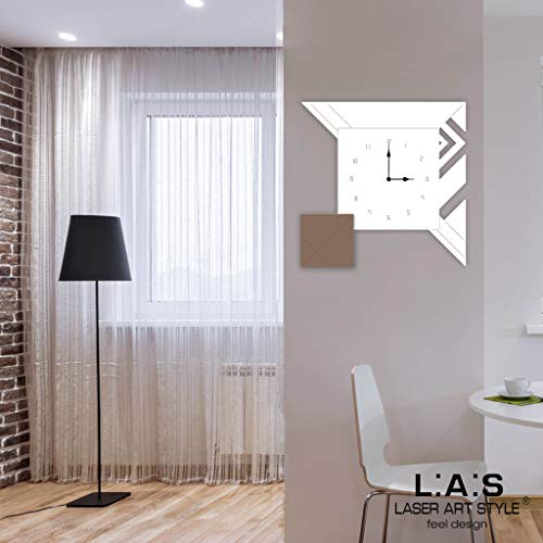 L:A:S Laser Art Style Wall Clock Modern Design for Kitchen Living Room, White/Grey Brown-Wood Engraving, 50x50 cm