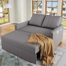 Ball & Cast Double Sofa Bed, 2 Seater Sofa Bed Double with Adjustable Backrest & Side Pockets, Pull Out Convertible Sofa Bed 180x127cm, Linen Fabric Guest Bed for Living Room Small Spaces, Dark Grey