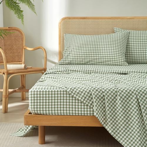 "LifeTB Green Gingham Sheets Set Queen Size, 4 Piece Breathable Green Plaid Bed Sheets with 16"" Deep Pocket, 100% Washed Cotton Vintage Grid Bedding Sheets, Soft Gingham Bedding Farmhouse Sheets Set"