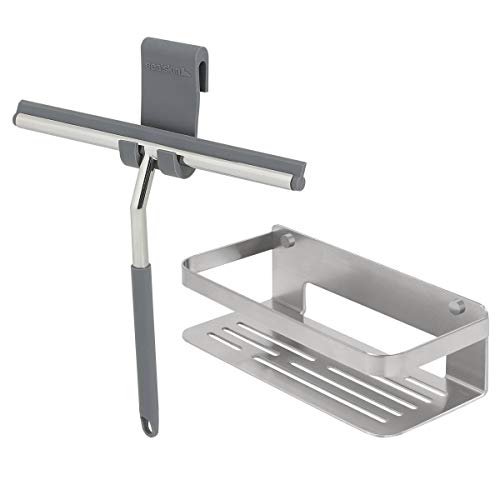 Tiger Caddy Shower Basket, Stainless Steel Brushed, 24 x 10.6 x 7 cm + Sealskin Urban Deluxe Window Wiper Including Flexible Glass Hook and Screw Hook, Stainless Steel Polished, 26 x 23.5 x 3 cm