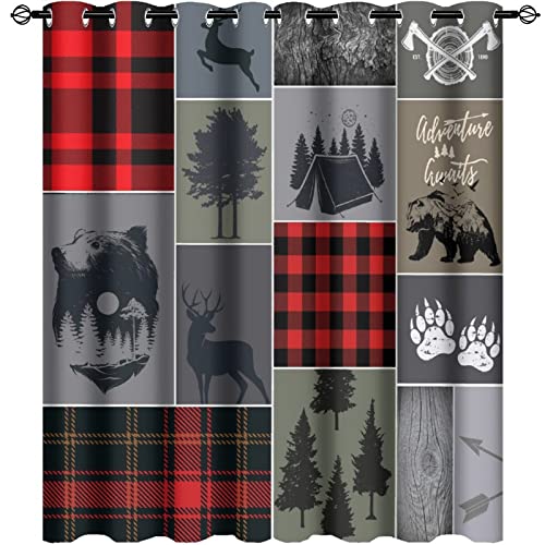 Cabin Rustic Bear Deer Blackout Curtains - Abstract Farmhouse Hunting Theme Wild Animal Plaid Check Adventure Grommet Window Curtain Set Energy Saving Thermal Insulated Drapes,2 Panels 63L x 27.5W