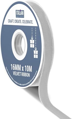 Italian Options Velvet Ribbon, Luxury, Single-Face Velvet Ribbon for Crafting, Christmas, Bows, Hair, Cakes, Weddings, Ornaments, Gift Wrapping, Flowers, 16mm x 10 Metre Roll, Silver