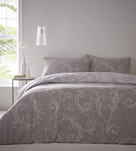 Portfolio Contemporary Floral Cressida Quilt Duvet Cover Bed Set, Polycotton, Stone, Double