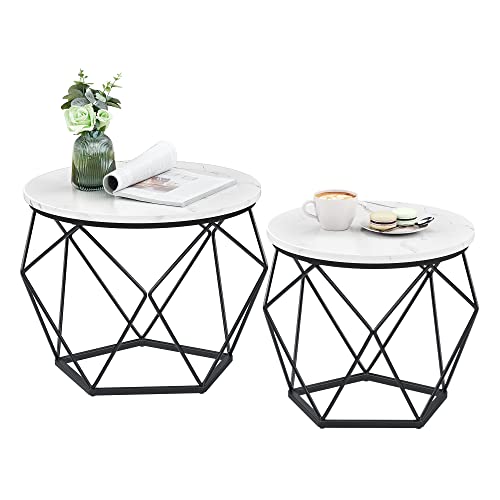 VASAGLE Round Coffee Table, Set of 2, Side Table, Sofa End Table, Modern Style, Removable Top, Steel Frame, for Living Room, White and Black LET040B59