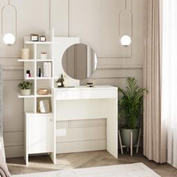 GFW Freyja Dressing Table, White Vanity Table with Round Mirror, Large Drawer, Shelving and Storage Cabinet, Modern Bedroom Furniture