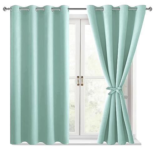 Hiasan Blackout Curtains for Bedroom, 52 x 54 Inches Long - Thermal Insulated & Energy Saving Window Curtains for Living Room, 2 Drape Panels Sewn with Tiebacks, Aqua