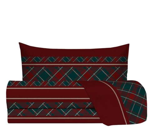 zer0bed, Tartan Single Bed Sheet Set, Single Bed Set, Made in Italy, 100% Cotton, Burgundy Green, Top Sheet, Fitted Sheet, Pillowcase