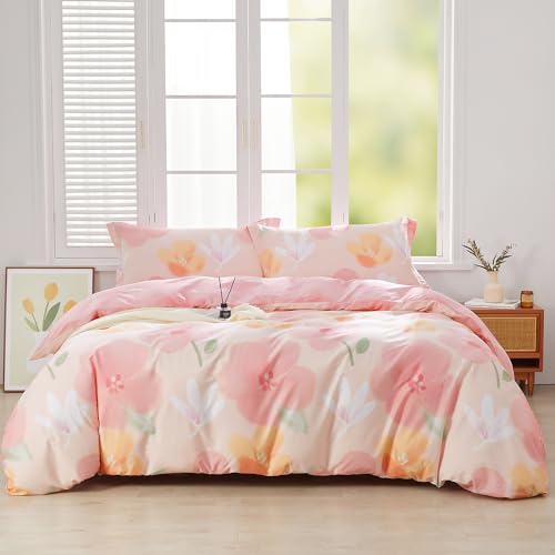 "SAPHREAS Pink Floral Duvet Cover Set 3pcs Queen Size Garden Style Blossom Flower Printed Bedding Comforter Cover Set 100% Cotton 1 Duvet Cover 90""x90"" 2 Pillow Shams, Comforter Not Included"