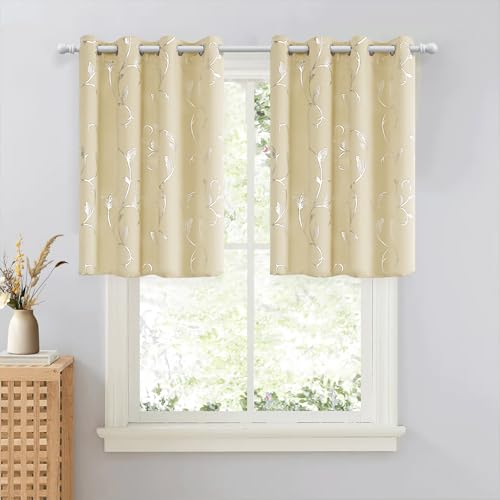 BUHUA Blackout Small Window Curtains for Kitchen and Bedroom Silver Foil Print Flower Grommet Short Thermal Insulated Room Darkening Curtains, Beige, 52Wx36L, 2 Panels