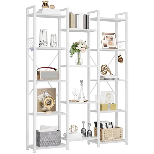 YITAHOME Industrial Bookcase 135 cm Wide, Standing Open Wooden and Metal Frame with 14 Shelves, Display Shelf for Living Room, Home Office, Pure White