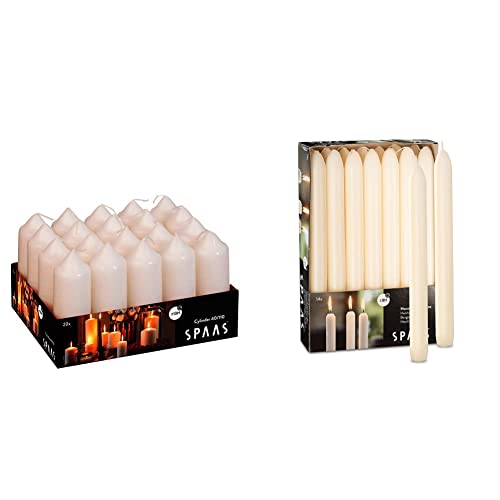 Spaas Tray of 20 Unscented Pillar Candles 40/110 mm, 13 Hours, Ivory & 14 Tapered Dinner Candles 21/220 mm, ± 8 Hours, Unscented, Ivory