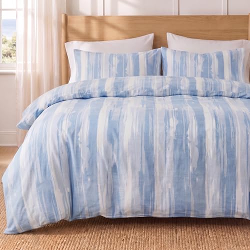 Herside 100% Cotton Double Gauze Striped Duvet Cover Set Queen Size,Light Blue Textured Pattern Soft Breathable Cotton Bedding Set Farmhouse Cute 3 Piece Quilt Duvet Set for All Seasons