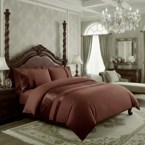 Casabella Luxury Crushed Velvet Panel Band Duvet Cover Sets with Pillow Case Bedding Set – Brown Crush Velvet Super King Duvet Set